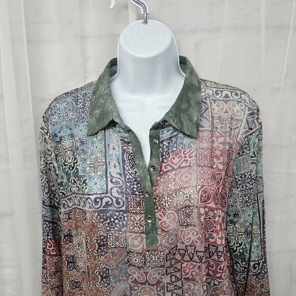 Smash! Green Pink Boho Sheer Tunic Blouse Roll Tab Hi-Low L - Picture 2 of 11